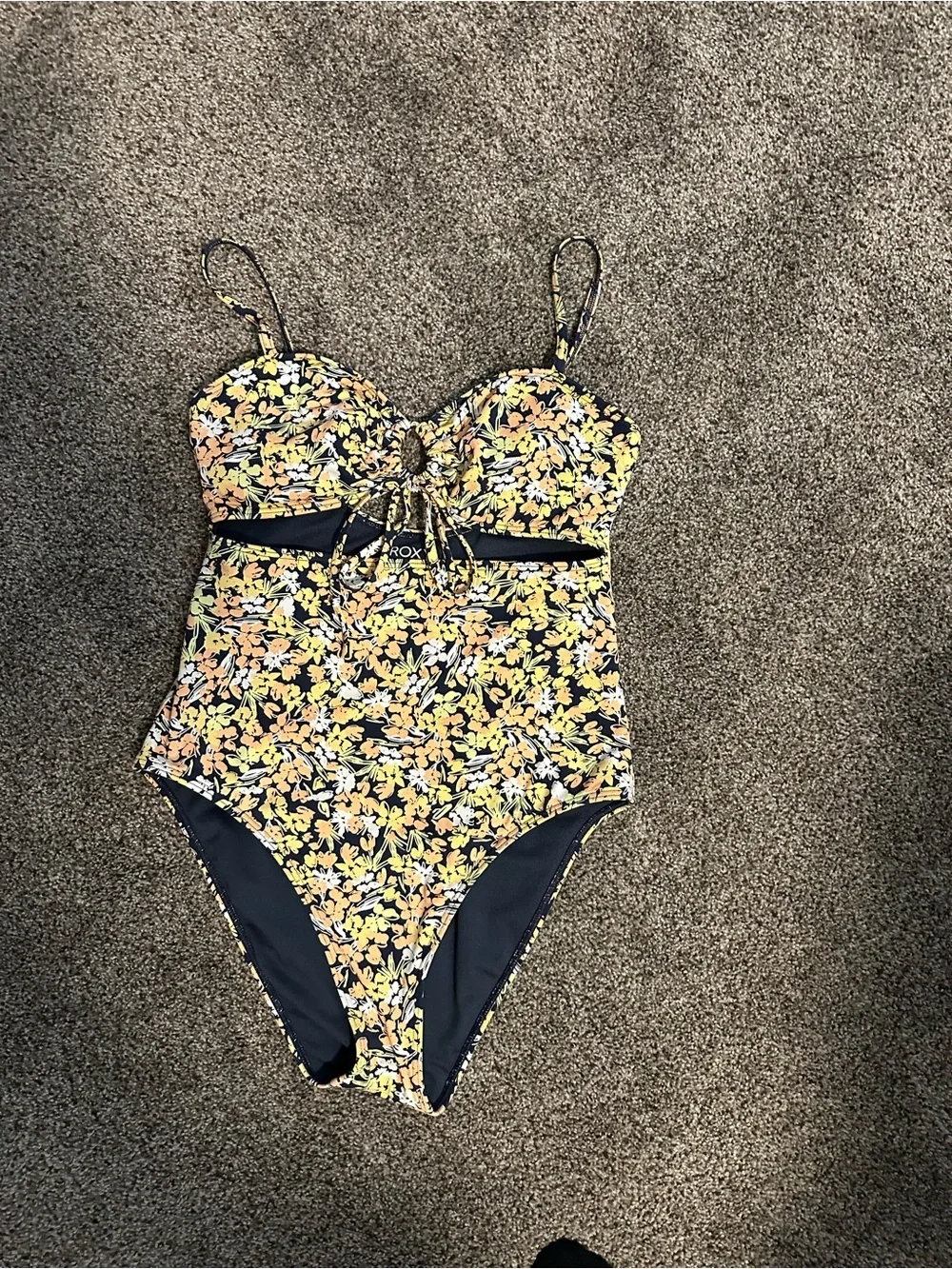Roxy Floral One Piece Swimsuit Women’s Small Navy Orange Cutout Tie Front Pool